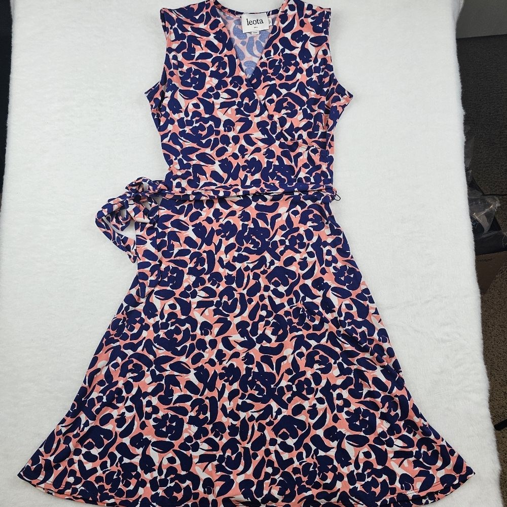 Leota Finnley Faux‎ Wrap Jersey Dress Navy Blue Pink Coral Small Petite Spring